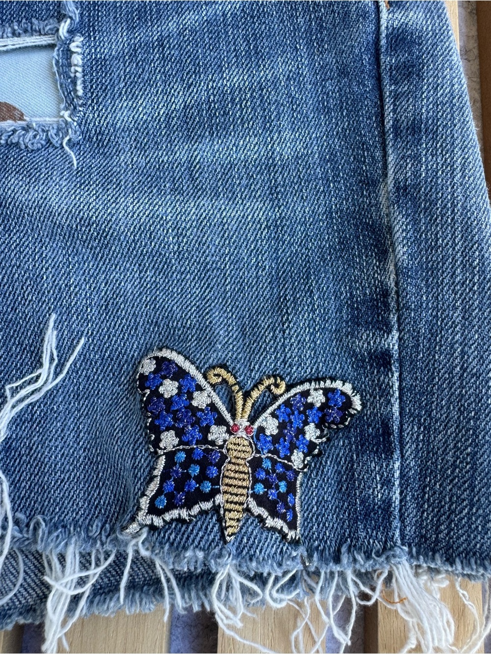 Lucky Brand Blue Distressed Denim Shorts with Butterfly Patch - Picture 3 of 4